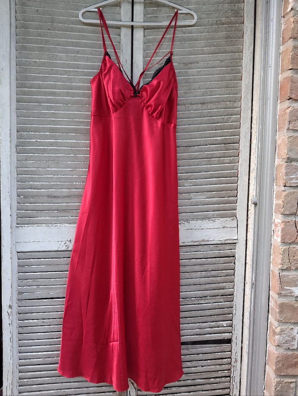"Private Luxuries Red Satin Slip Nightgown XL Black Lace Trim Long"